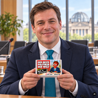 Der beste Politiker der Welt – kleine Geschenkbox in der Hand (AI)