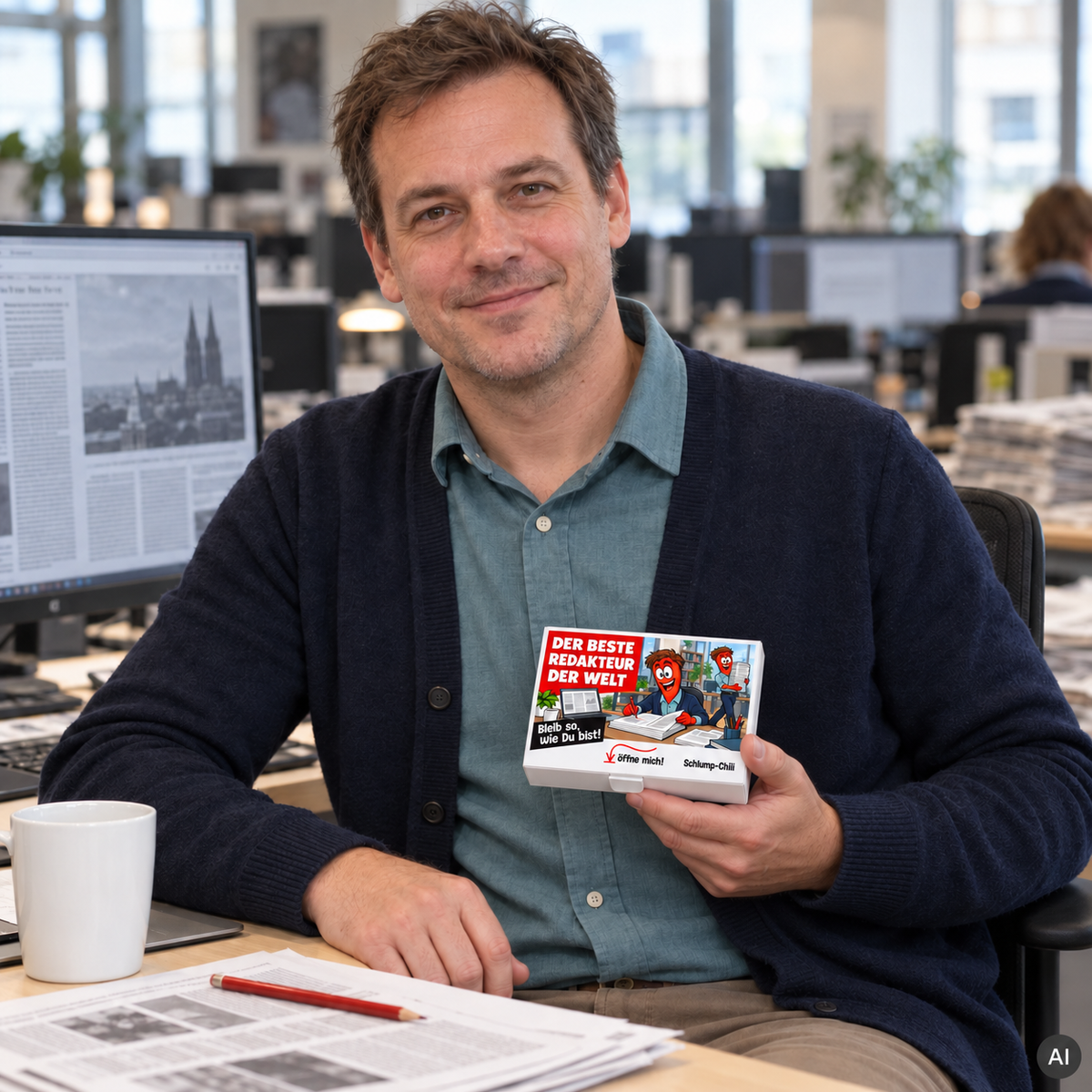 Der beste Redakteur der Welt – kleine Geschenkbox in der Hand (AI)