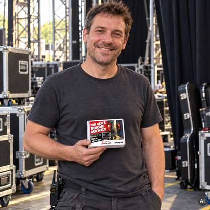 Der beste Roadie der Welt – kleine Geschenkbox in der Hand (AI)