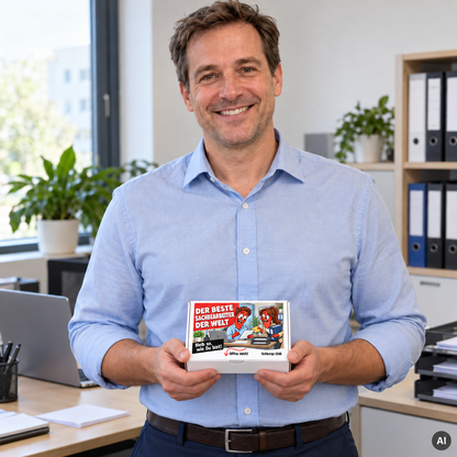 Der beste Sachbearbeiter der Welt – kleine Geschenkbox in der Hand (AI)