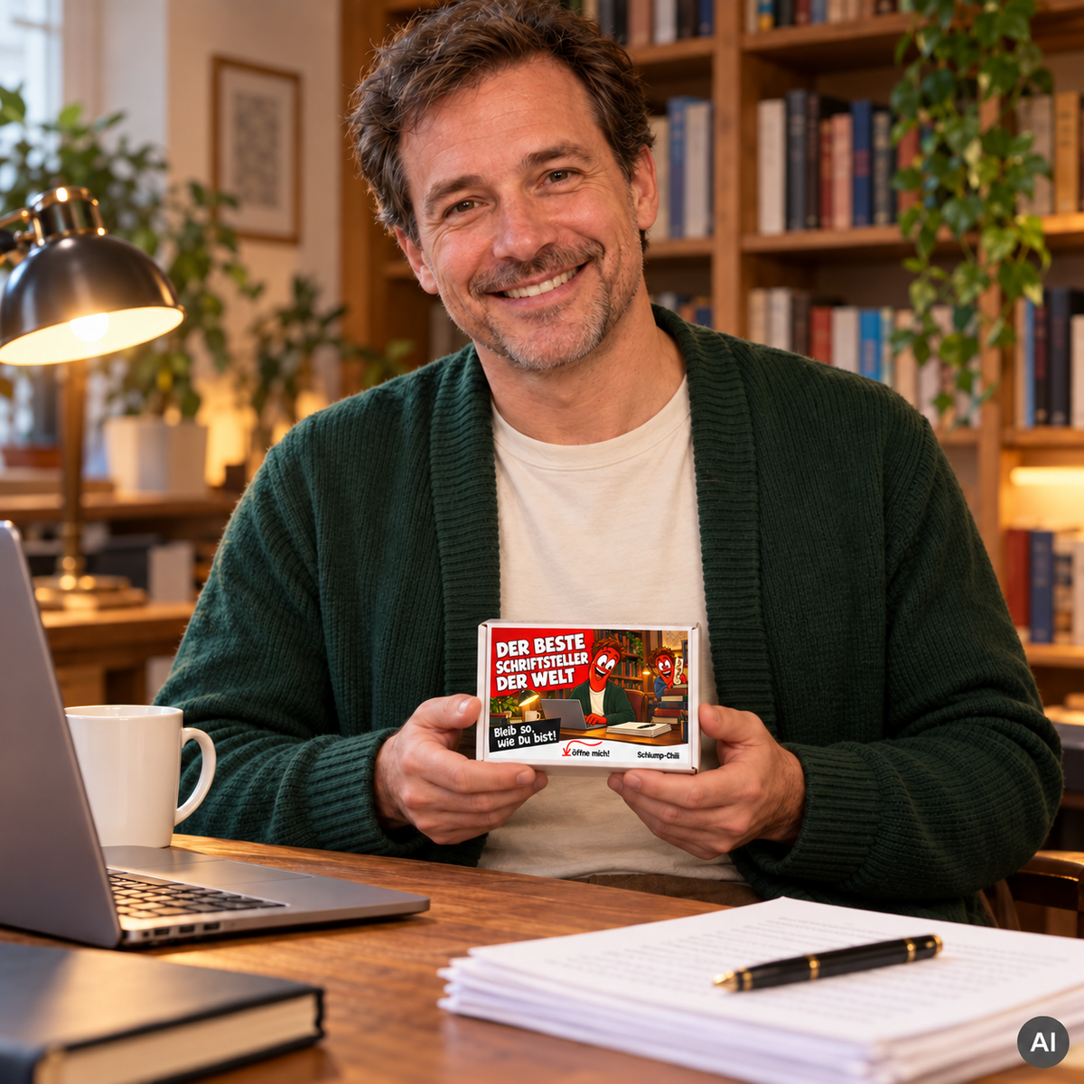 Der beste Schriftsteller der Welt – Lifestylebild mit kleiner weißer Geschenkbox (ca. A6), KI-generiert