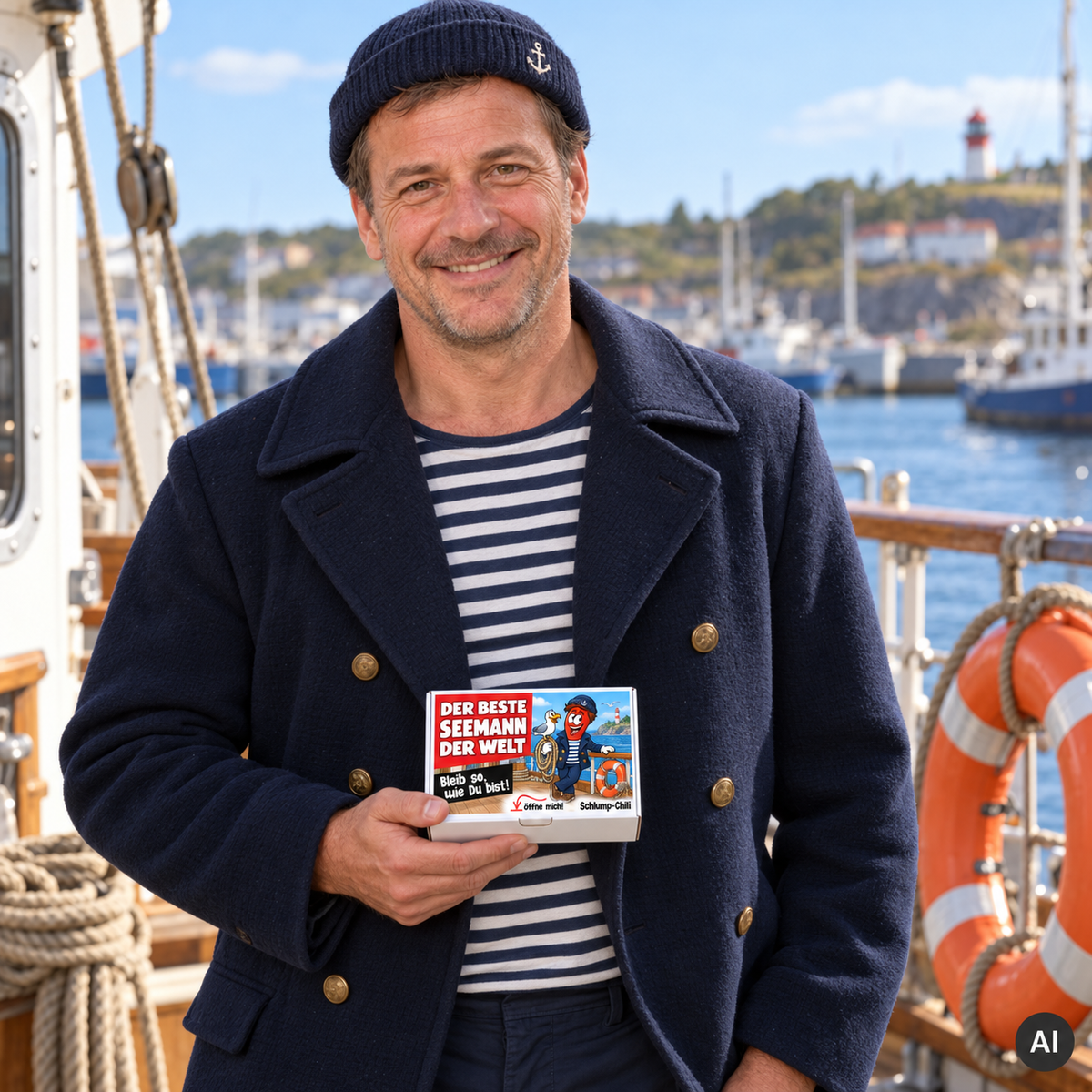 Der beste Seemann der Welt – Lifestylebild mit kleiner A6-Geschenkschachtel