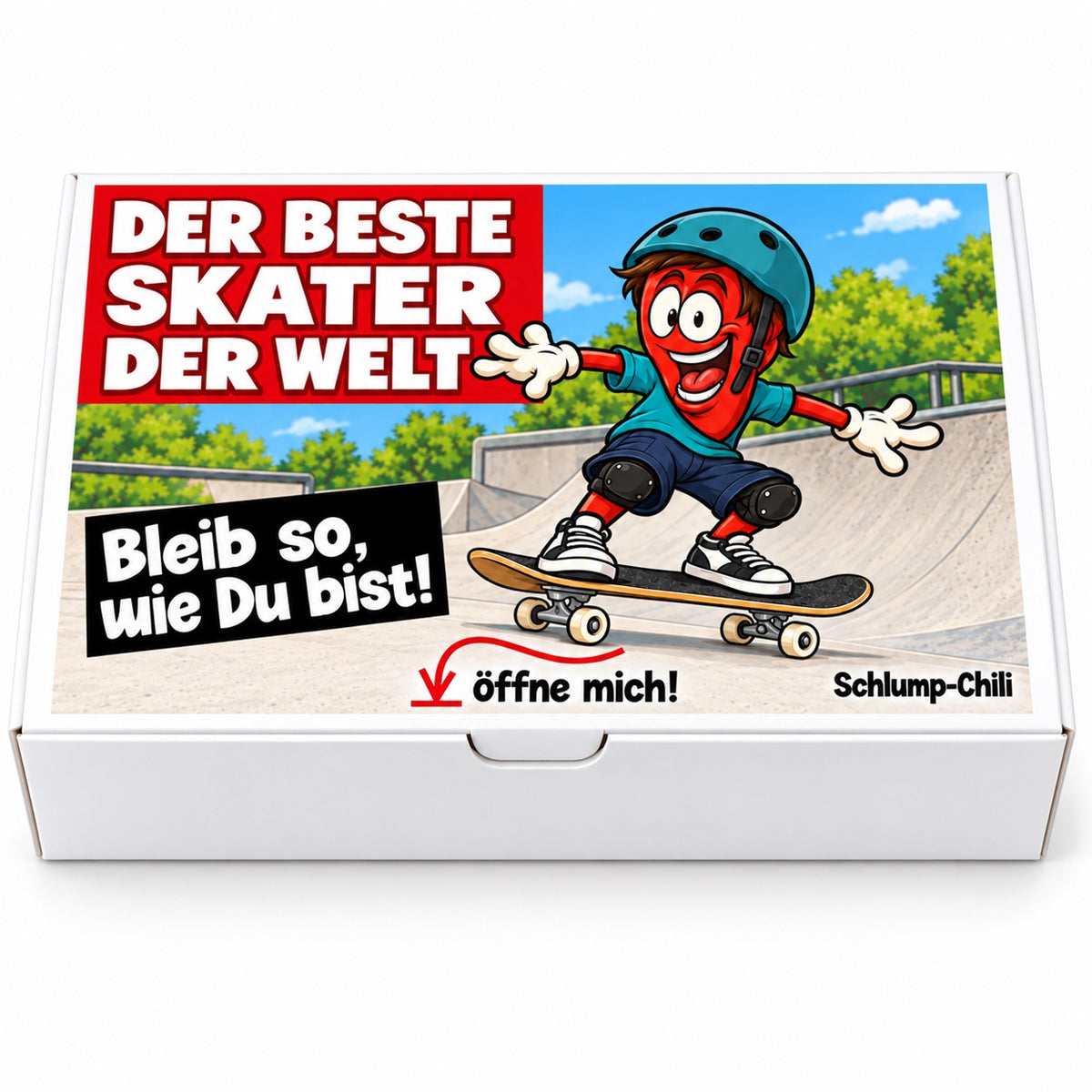 Der beste Skater der Welt – Frontansicht der Chili-Geschenkbox
