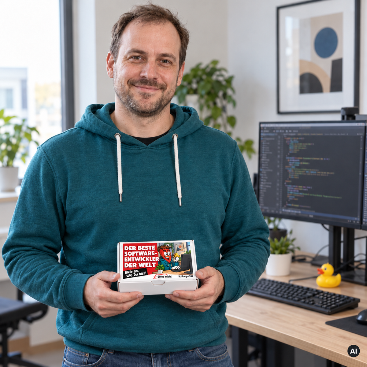 Der beste Softwareentwickler der Welt – Lifestylebild mit kleiner A6-Geschenkschachtel