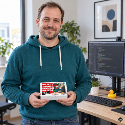 Der beste Softwareentwickler der Welt – Lifestylebild mit kleiner A6-Geschenkschachtel