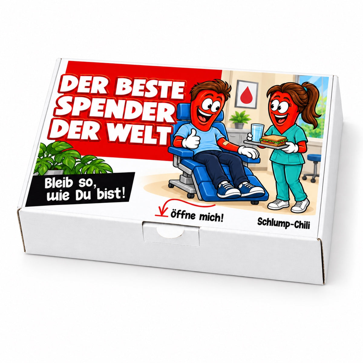 Der beste Spender der Welt – Schrägansicht der Chili-Geschenkbox mit Blutspende-Motiv