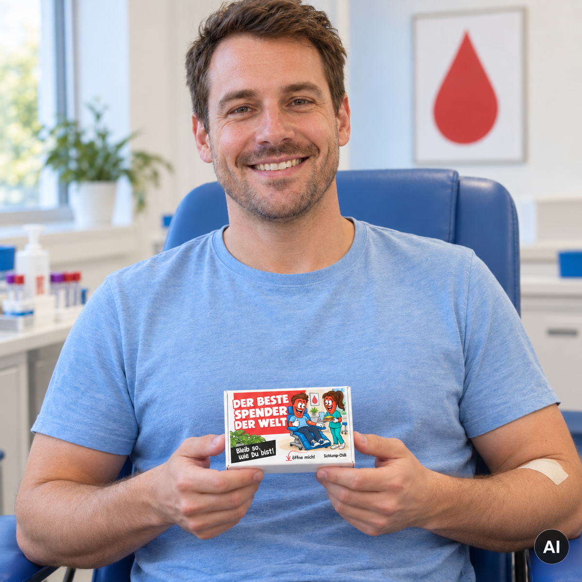 Der beste Spender der Welt – Lifestylebild der Chili-Geschenkbox mit Blutspende-Motiv