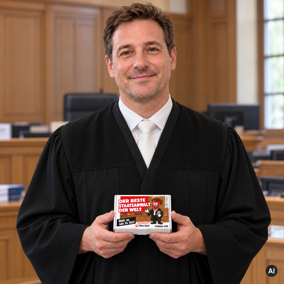 Der beste Staatsanwalt der Welt – Lifestylebild mit kleiner Geschenkbox (AI)
