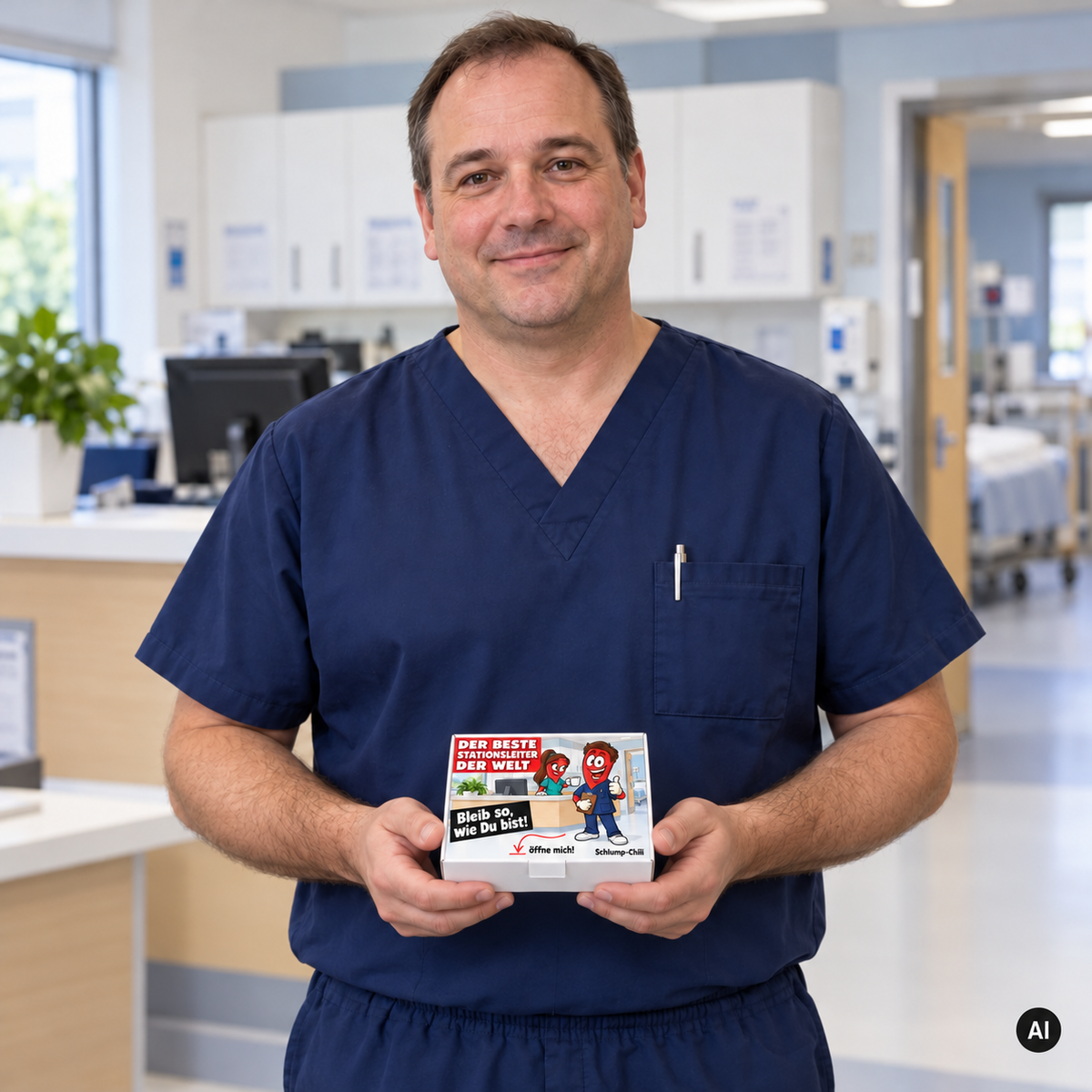 Der beste Stationsleiter der Welt – Lifestylebild mit kleiner Geschenkbox (AI)