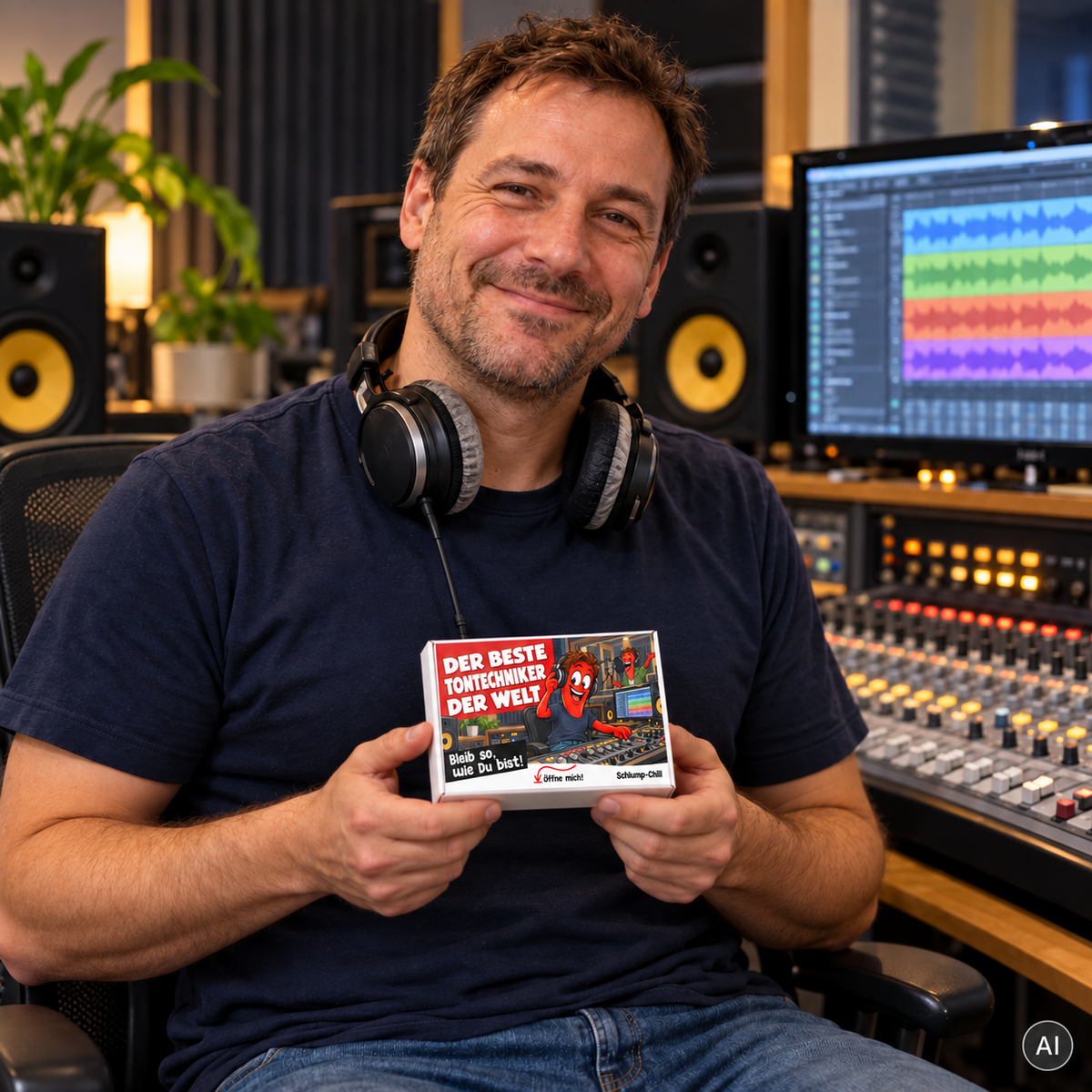 Der beste Tontechniker der Welt – kleine Geschenkbox in der Hand (AI)
