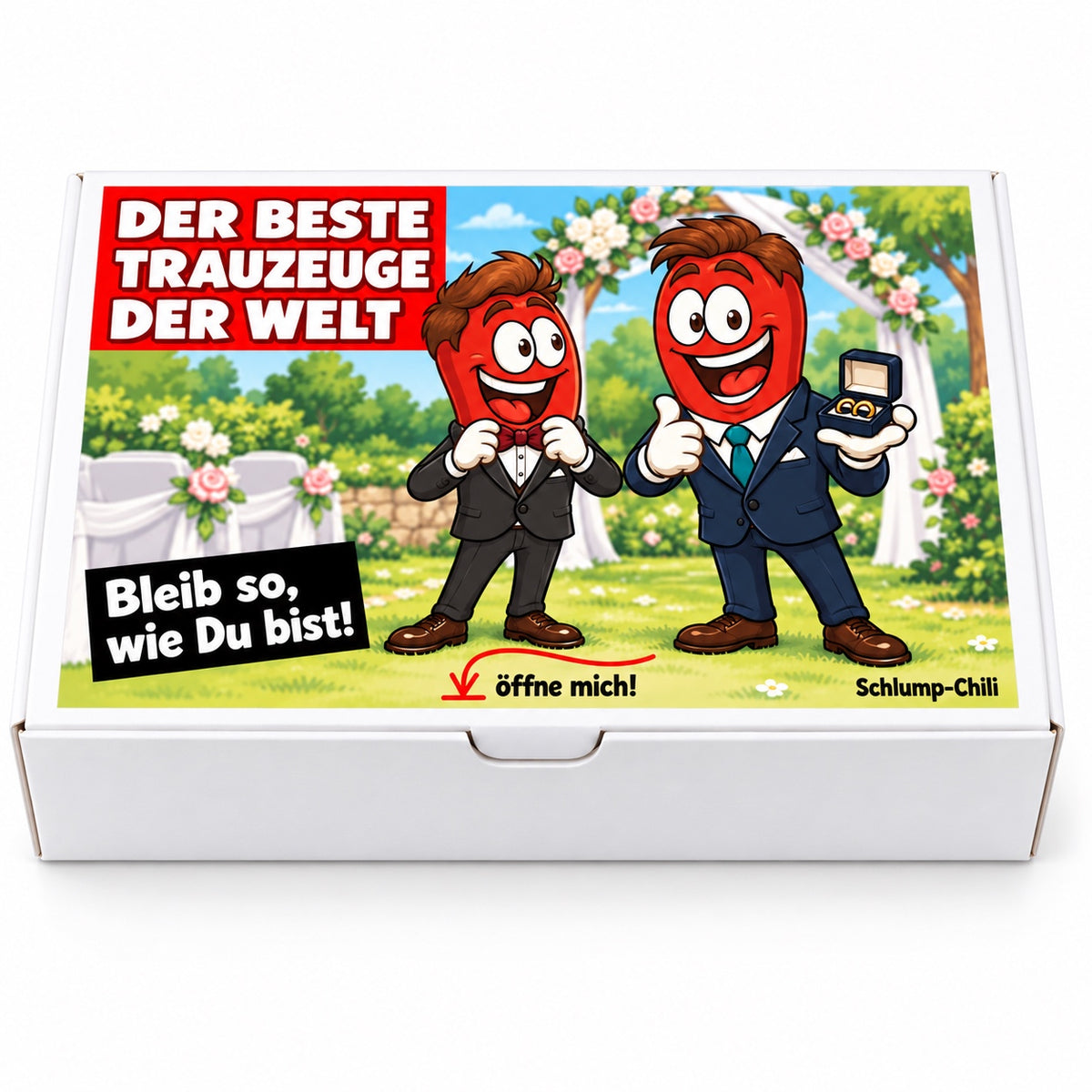 Der beste Trauzeuge der Welt – Frontansicht der Chili-Geschenkbox