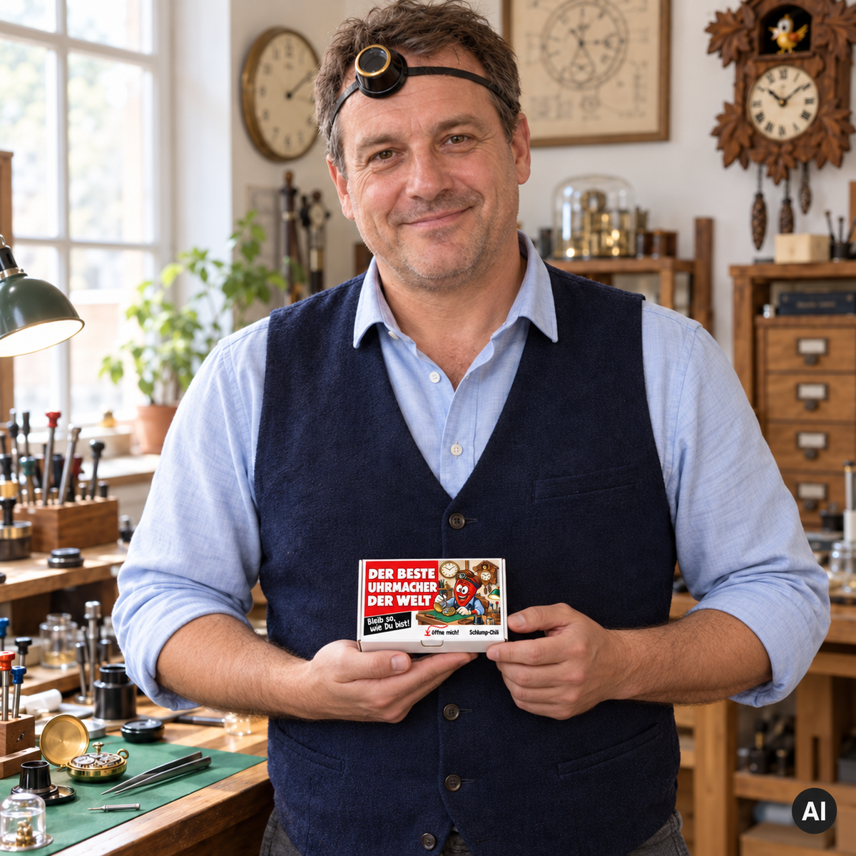 Der beste Uhrmacher der Welt – Lifestylebild mit kleiner A6-Geschenkschachtel
