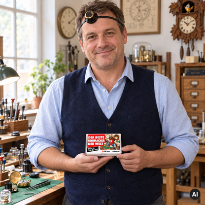 Der beste Uhrmacher der Welt – Lifestylebild mit kleiner A6-Geschenkschachtel