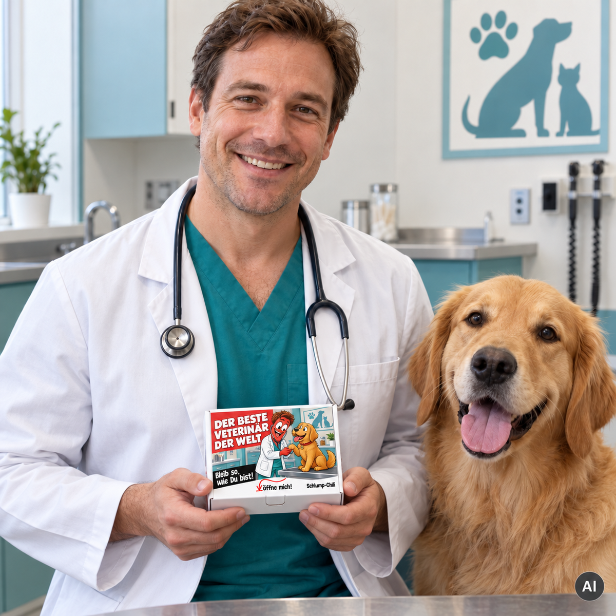 Der beste Veterinär der Welt – kleine Geschenkbox in der Hand (AI)