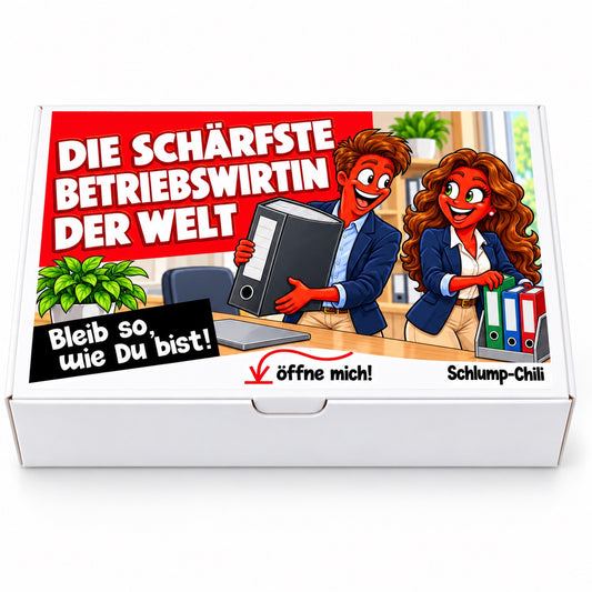 Die schärfste Betriebswirtin der Welt – Geschenkbox Vorderansicht