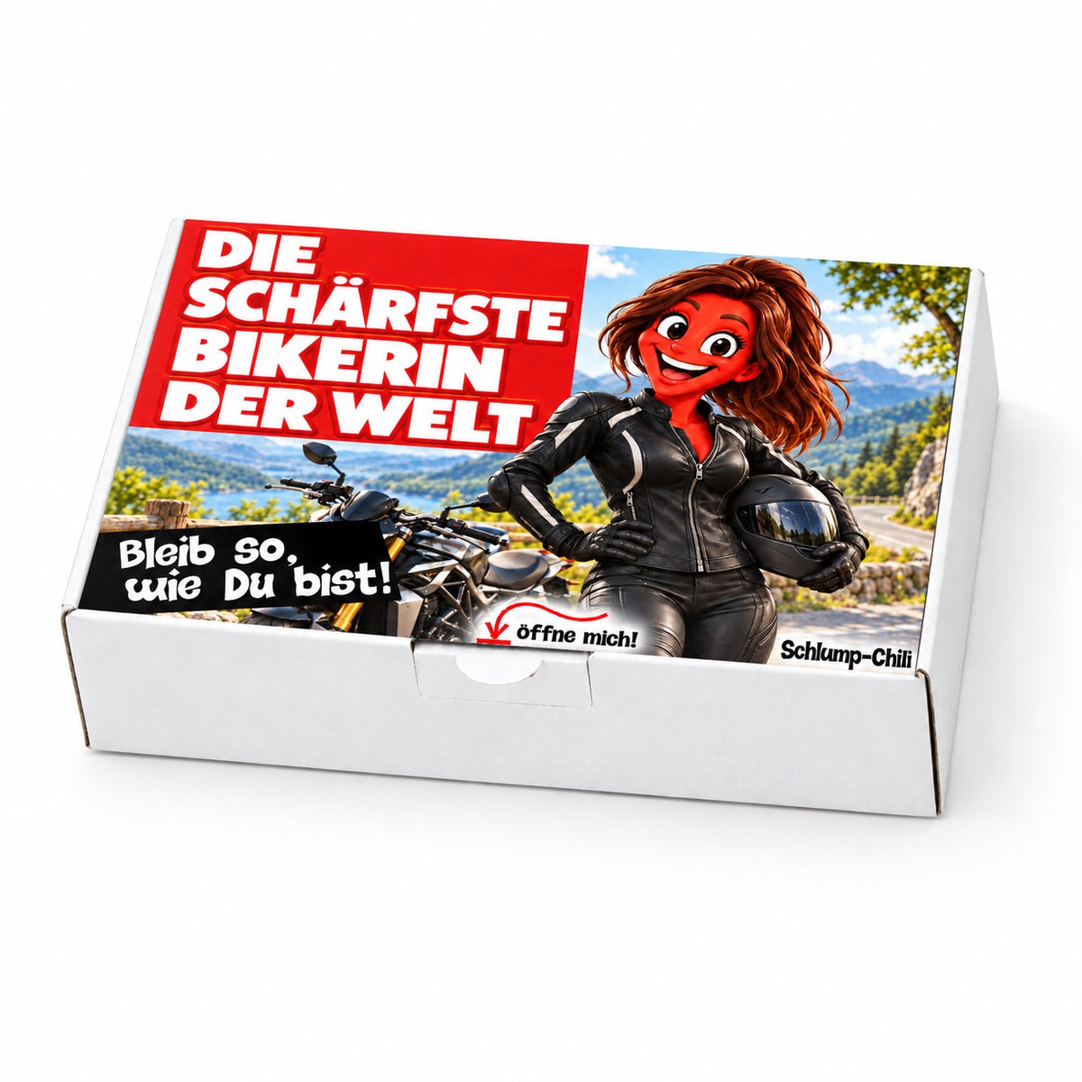 Die schärfste Bikerin der Welt – weiße Geschenkbox, Schrägansicht