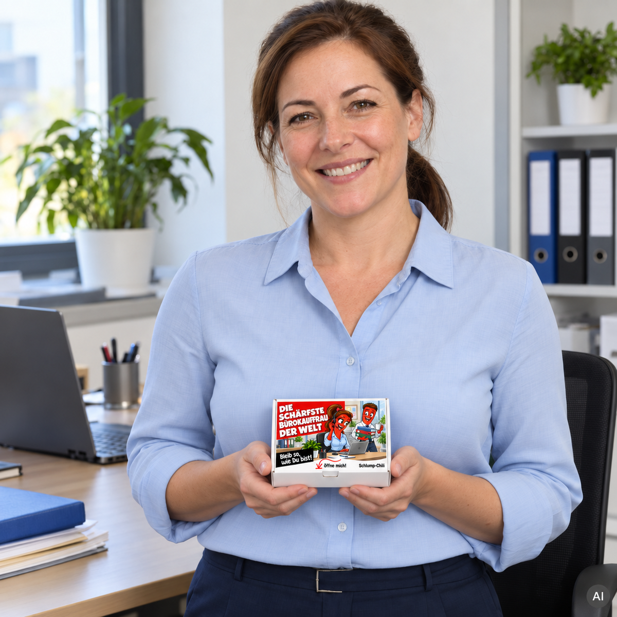 Die schärfste Bürokauffrau der Welt – kleine Geschenkbox in der Hand (AI)