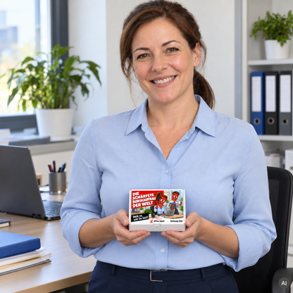 Die schärfste Bürokauffrau der Welt – kleine Geschenkbox in der Hand (AI)