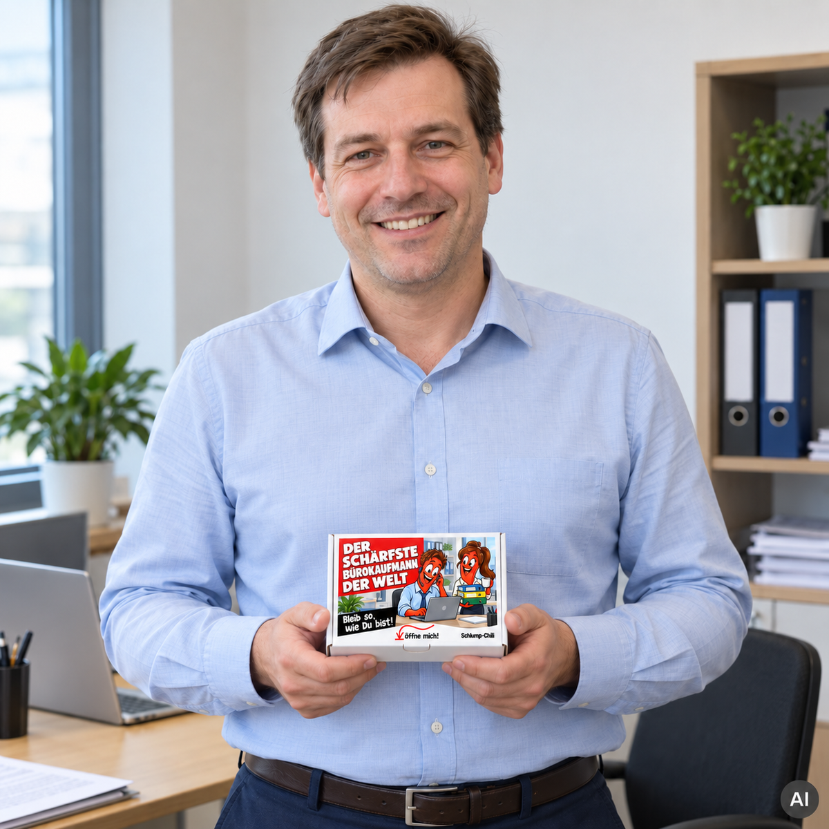 Der schärfste Bürokaufmann der Welt – kleine Geschenkbox in der Hand (AI)