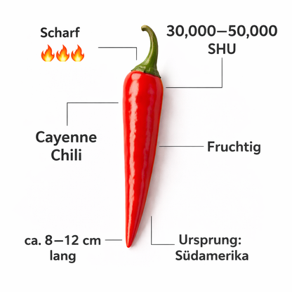 Frische Cayenne Chili (rot, gelb, grün)