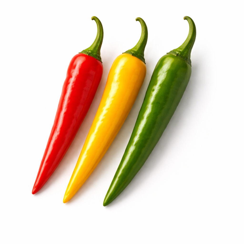 Frische Cayenne Chili (rot, gelb, grün)