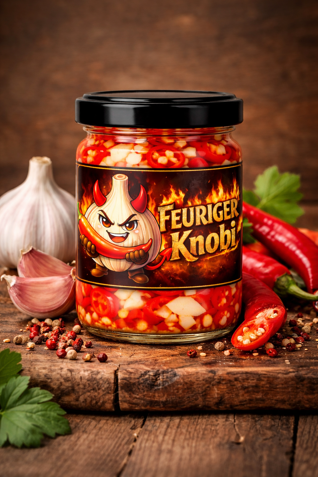 Feuriger Knobi - eingelegter Knoblauch mit Chili im Glas