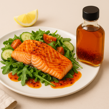 Lachs auf Salatbett mit Chiliöl