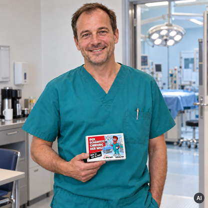 Der schärfste Chirurg der Welt – Lifestylebild mit kleiner A6-Geschenkschachtel