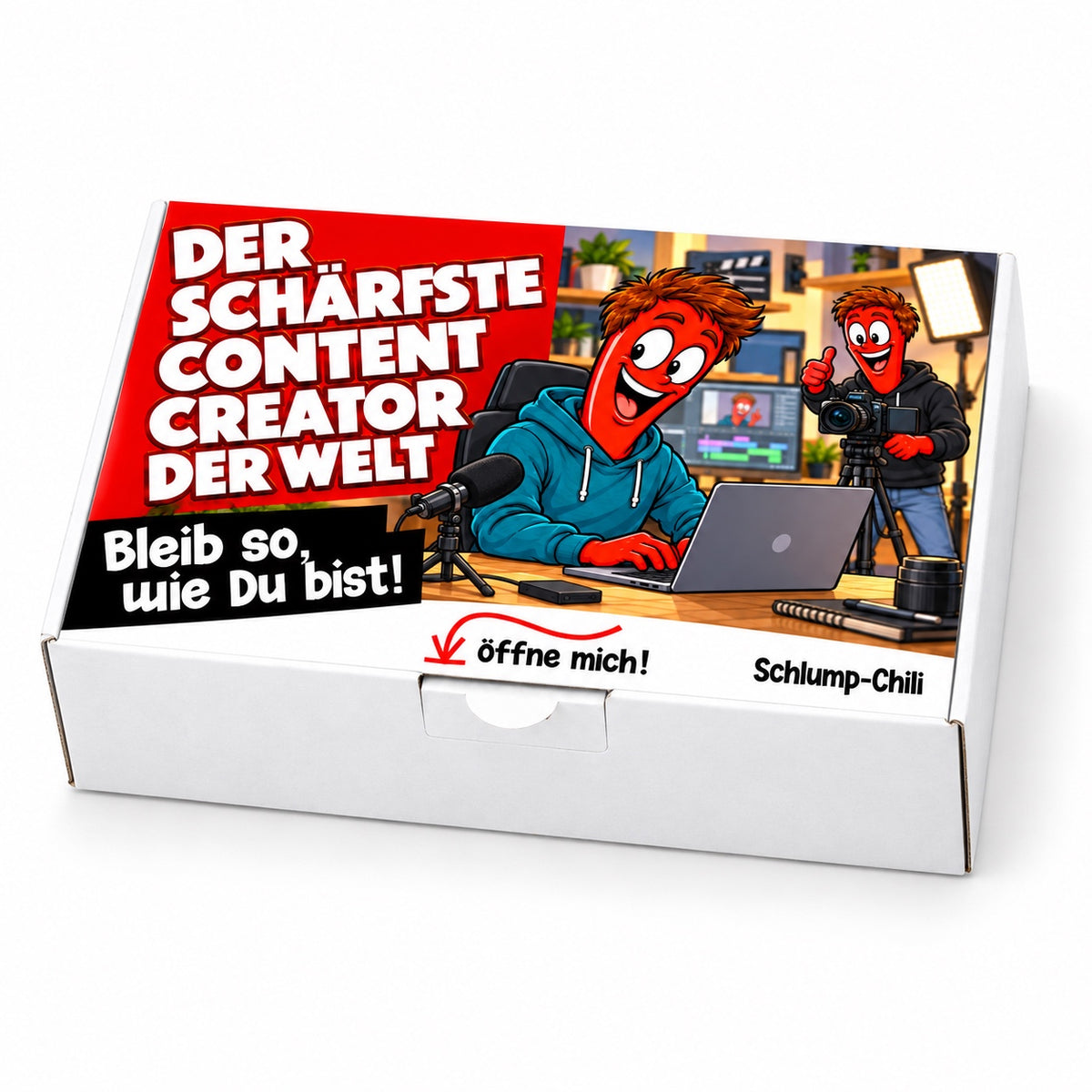 Der schärfste Content Creator der Welt – weiße Geschenkbox, Schrägansicht