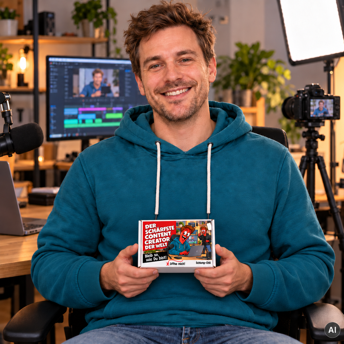 Der schärfste Content Creator der Welt – kleine Geschenkbox in der Hand (AI)