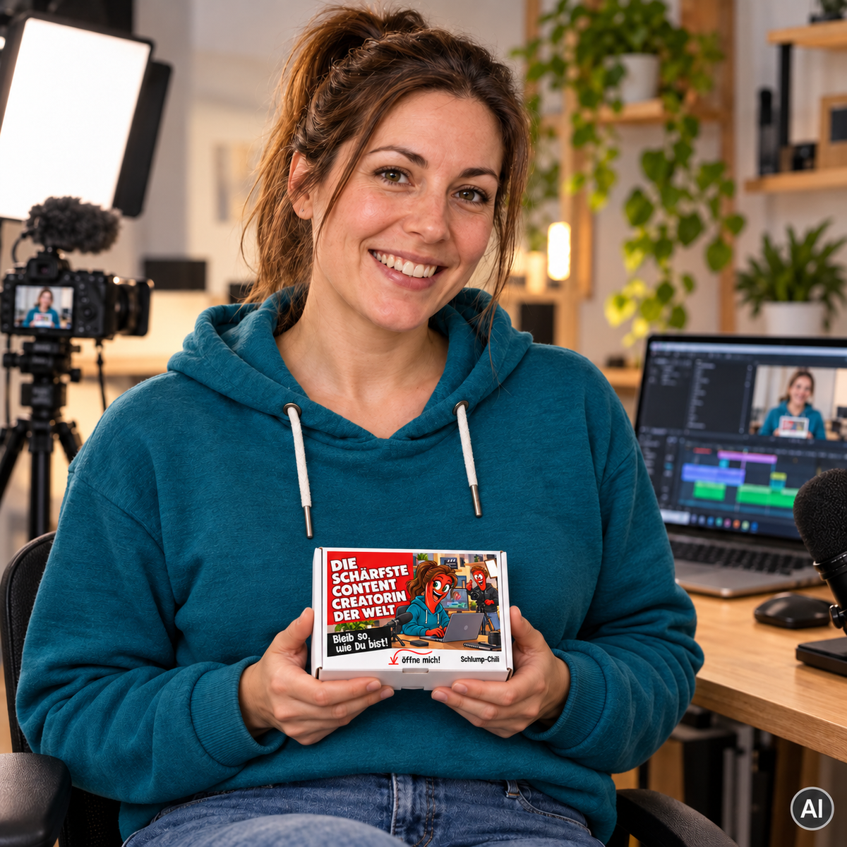 Die schärfste Content Creatorin der Welt – Lifestylebild mit kleiner weißer Geschenkbox (ca. A6), KI-generiert