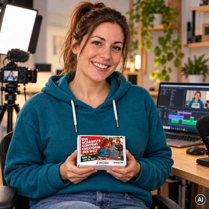 Die schärfste Content Creatorin der Welt – Lifestylebild mit kleiner weißer Geschenkbox (ca. A6), KI-generiert