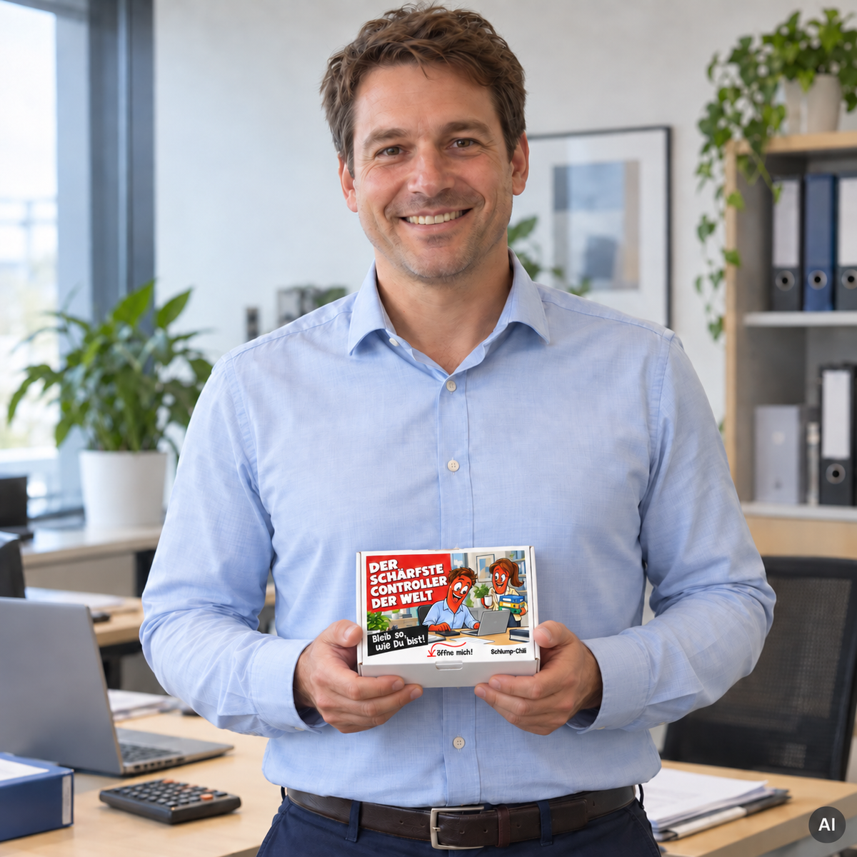 Der schärfste Controller der Welt – kleine Geschenkbox in der Hand (AI)