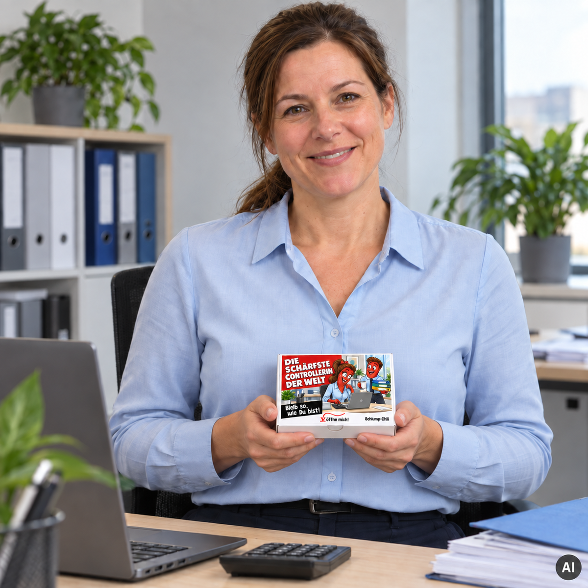 Die schärfste Controllerin der Welt – kleine Geschenkbox in der Hand (AI)