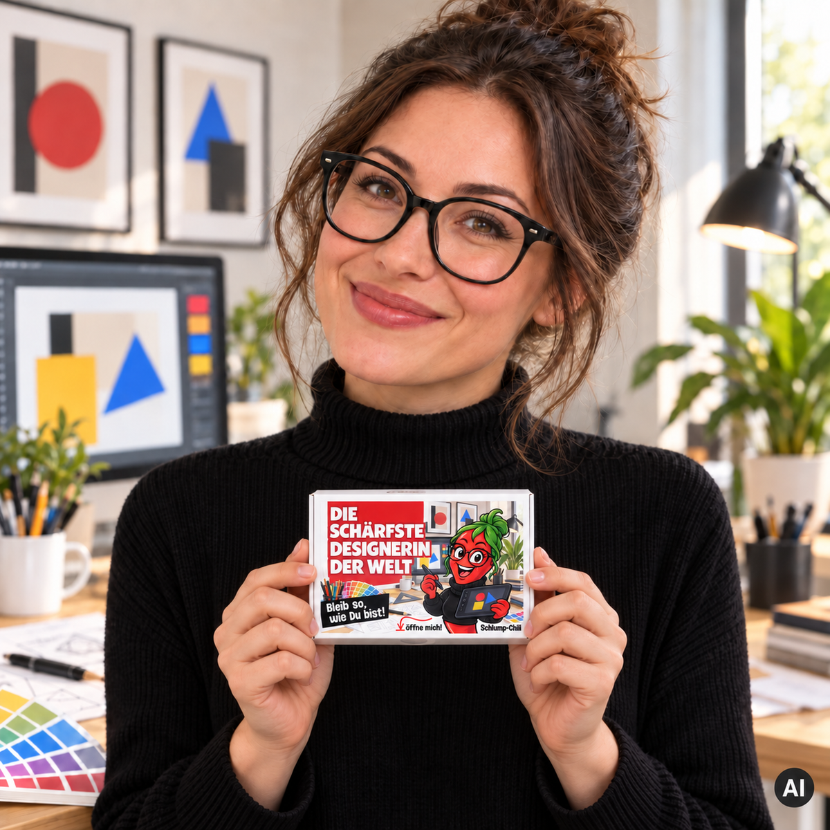 Die schärfste Designerin der Welt – kleine Geschenkbox in der Hand (AI)