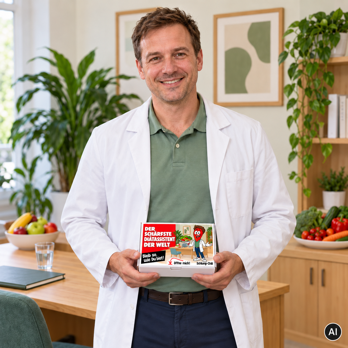 Der schärfste Diätassistent der Welt – Lifestylebild mit kleiner A6-Geschenkschachtel