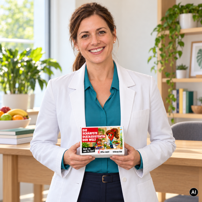 Die schärfste Diätassistentin der Welt – Lifestylebild mit kleiner A6-Geschenkschachtel