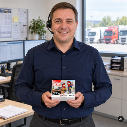 Der schärfste Disponent der Welt – Lifestylebild mit kleiner Geschenkbox (AI)