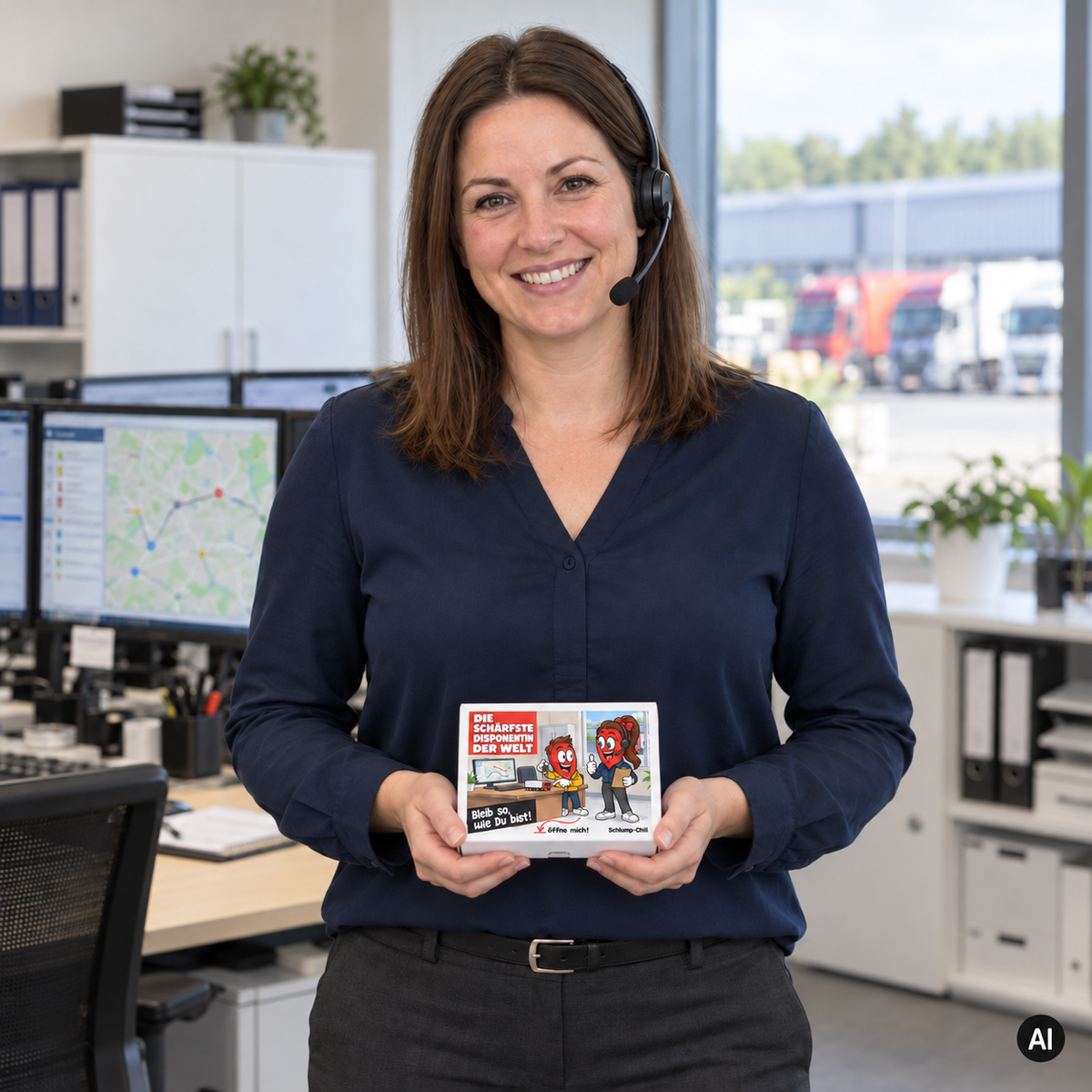 Die schärfste Disponentin der Welt – Lifestylebild mit kleiner Geschenkbox (AI)