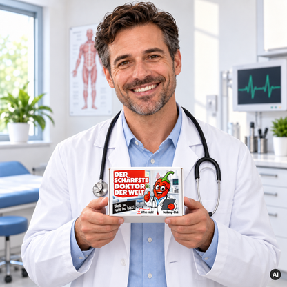 Der schärfste Doktor der Welt – kleine Geschenkbox in der Hand (AI)
