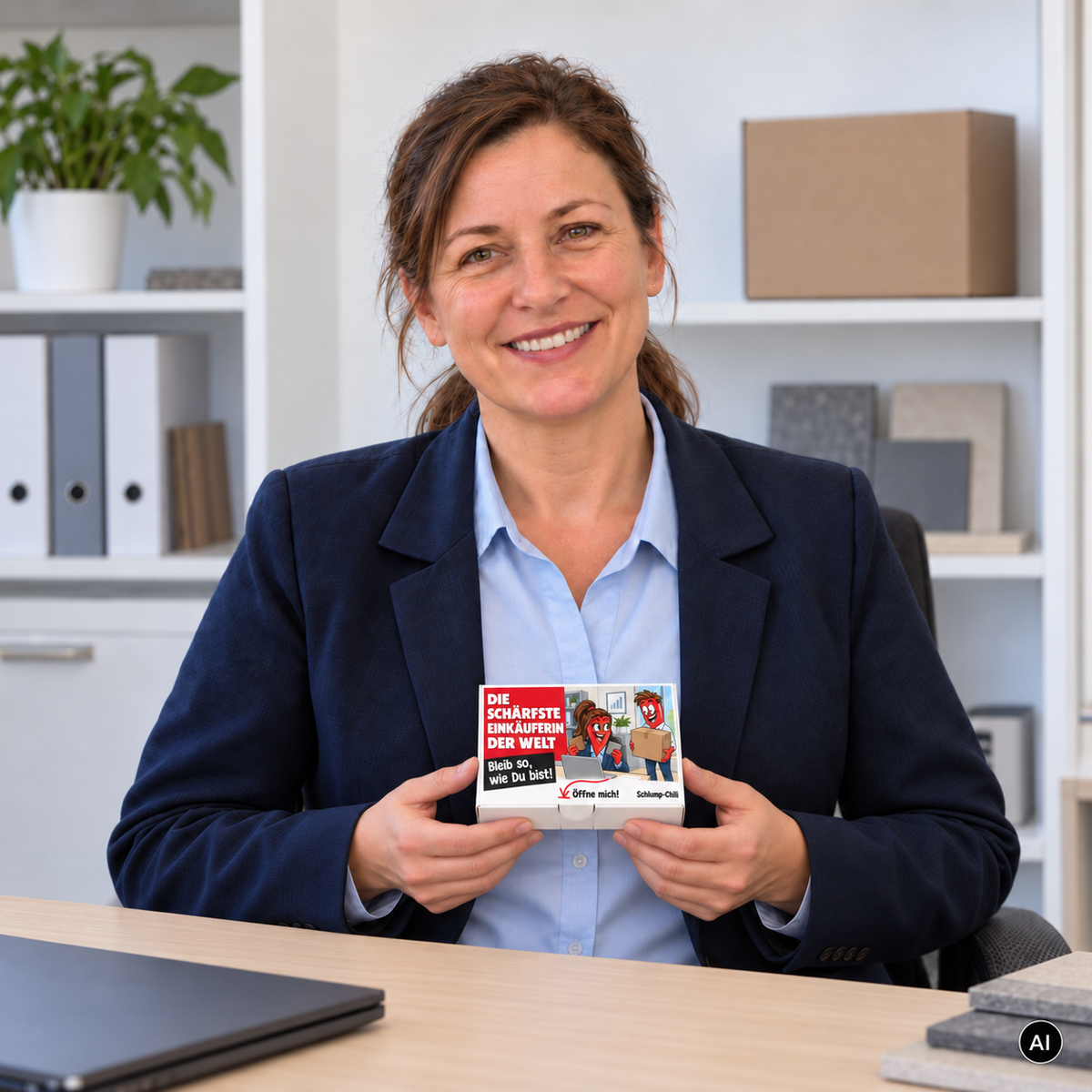 Die schärfste Einkäuferin der Welt – Lifestylebild mit kleiner A6-Geschenkschachtel