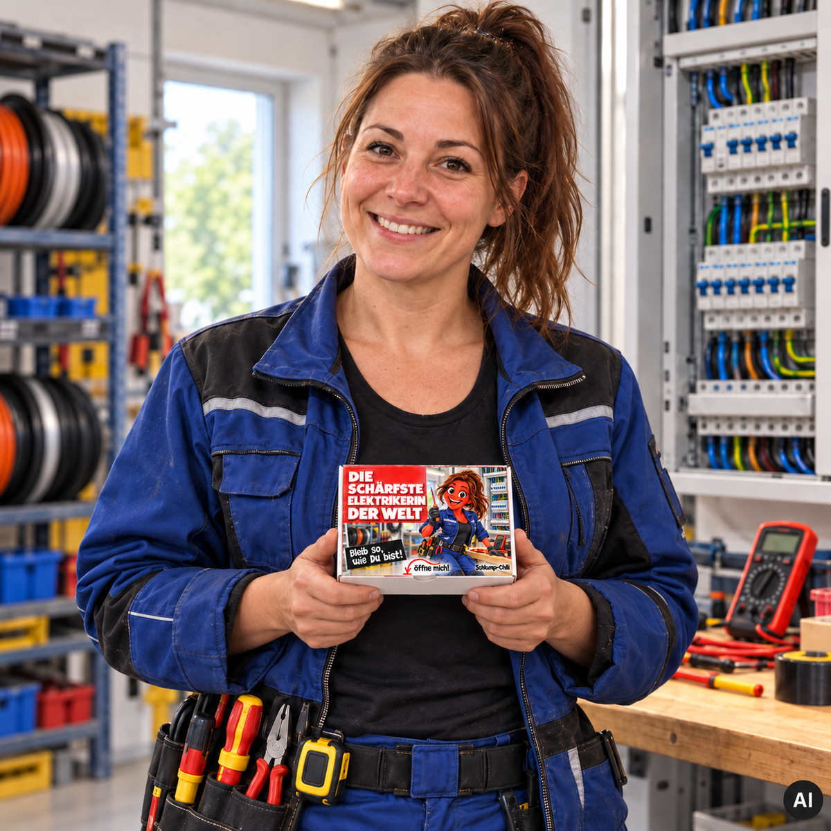 Die schärfste Elektrikerin der Welt – kleine Geschenkbox in der Hand (AI)