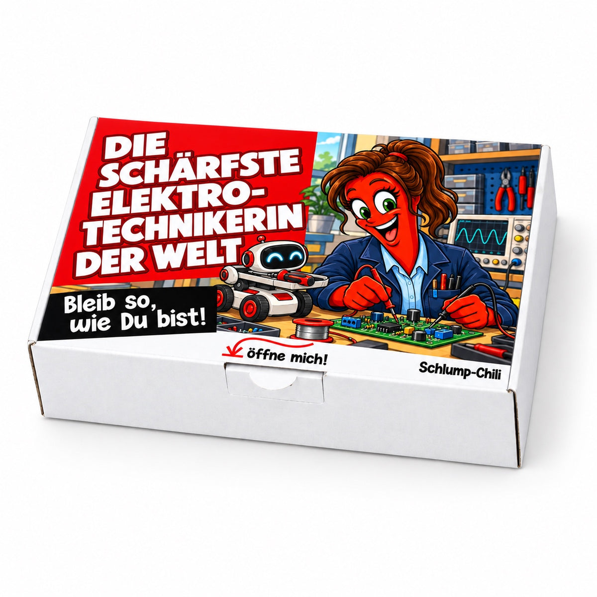 Die schärfste Elektrotechnikerin der Welt – Geschenkbox Schrägansicht