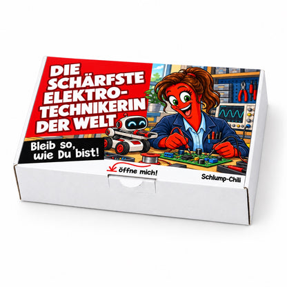 Die schärfste Elektrotechnikerin der Welt – Geschenkbox Schrägansicht