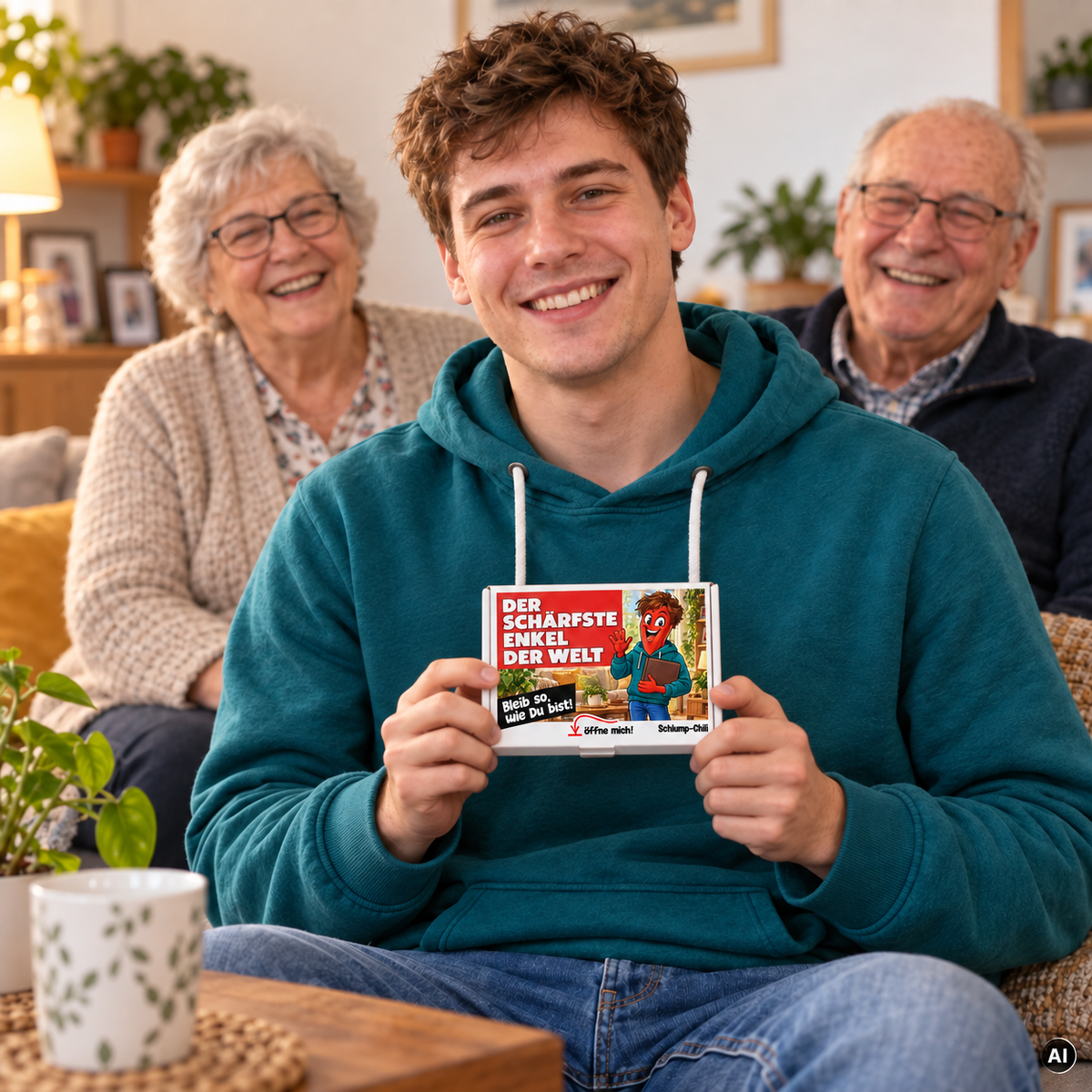 Der schärfste Enkel der Welt – kleine Geschenkbox in der Hand (AI)