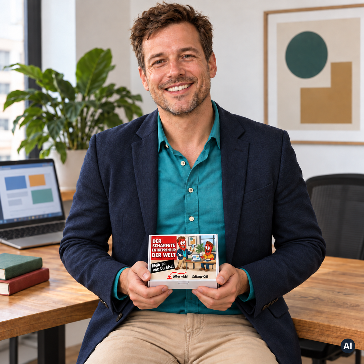 Der schärfste Entrepreneur der Welt – Lifestylebild mit kleiner Geschenkbox (AI)