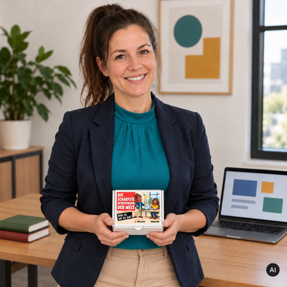 Die schärfste Entrepreneurin der Welt – Lifestylebild mit kleiner Geschenkbox (AI)