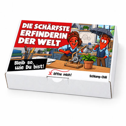 Die schärfste Erfinderin der Welt – Geschenkbox Schrägansicht