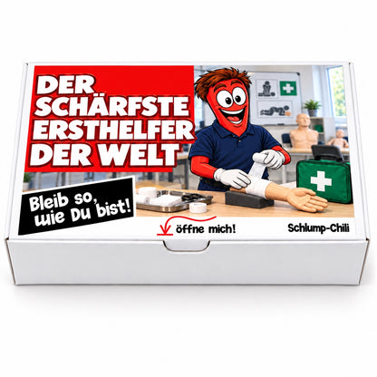 Der schärfste Ersthelfer der Welt – Geschenkbox Vorderansicht