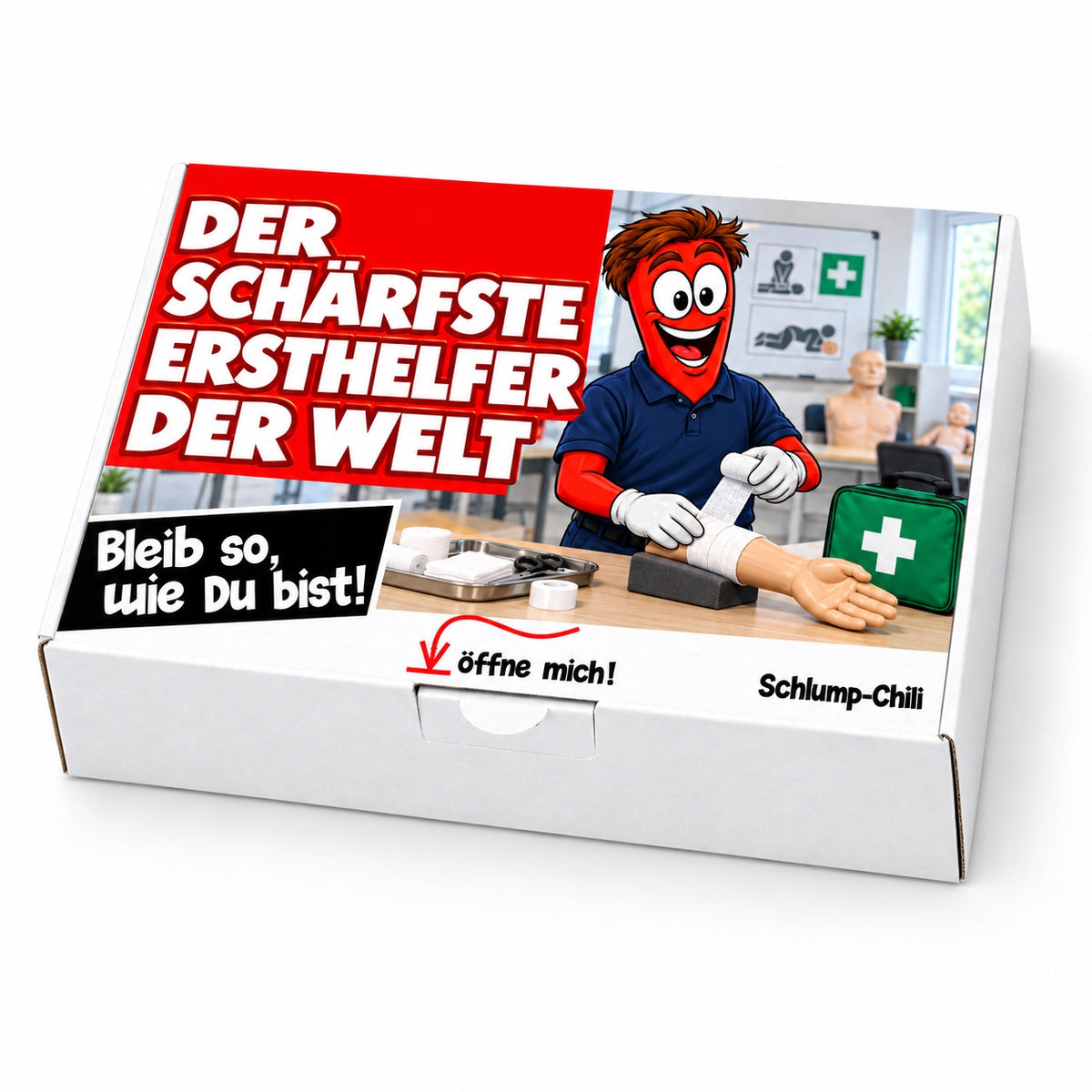 Der schärfste Ersthelfer der Welt – Geschenkbox Schrägansicht